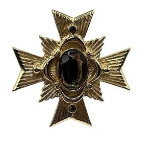 Avon Vintage Brown Topaz Color Rhinestone Maltese Cross Allegro Brooch Pendant‎